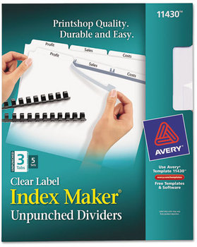 Avery® Index Maker® Print & Apply Clear Label Unpunched Dividers for Binding Systems with White Tabs,  3-Tab, Ltr, 5 Sets