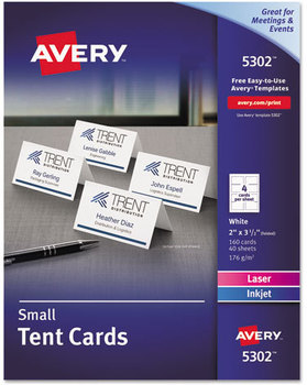 Avery® Tent Cards Small Card, White, 2 x 3.5, 4 Cards/Sheet, 40 Sheets/Pack