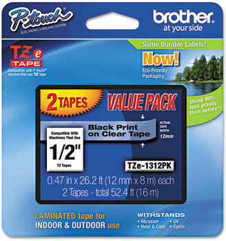 Brother P-Touch® TZe Series Standard Adhesive Laminated Labeling Tape,  1/2w, Black on Clear, 2/Pack