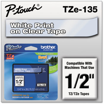 Brother P-Touch® TZe Series Standard Adhesive Laminated Labeling Tape,  1/2w, White on Clear