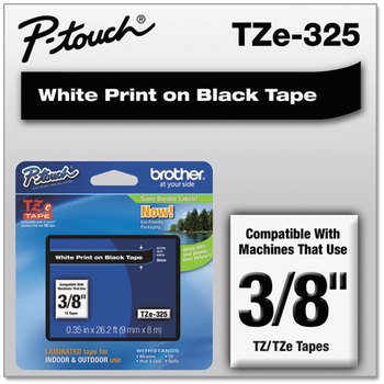 Brother P-Touch® TZe Series Standard Adhesive Laminated Labeling Tape,  3/8w, White on Black