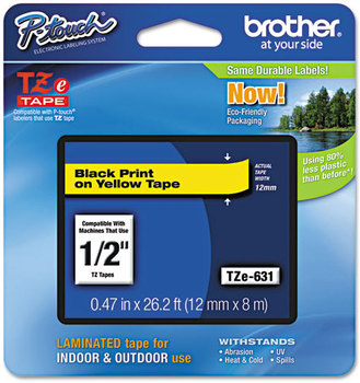 Brother P-Touch® TZe Series Standard Adhesive Laminated Labeling Tape,  1/2w, Black on Yellow