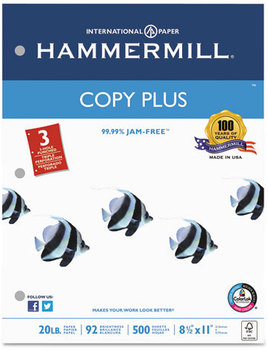 Hammermill® Copy Plus Copy Paper,  3-Hole Punch, 92 Brightness, 20lb, Ltr, White, 500 Shts/Rm