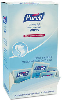 PURELL® Cottony Soft Individually Wrapped Sanitizing Hand Wipes,  5" x 7", White, 120 Packets/Box, 12 Boxes/Case.