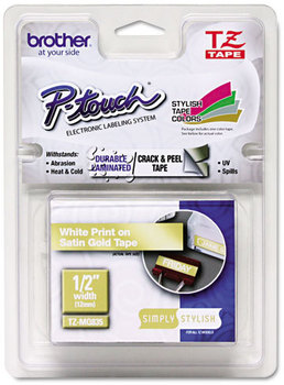 Brother P-Touch® TZe Series Standard Adhesive Laminated Labeling Tape,  1/2" x 16.4 ft., White/Satin Gold