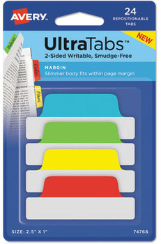 Avery® Ultra Tabs® Repositionable Margin Tabs: 2.5" x 1", 1/5-Cut, Assorted Pastel Colors, 24/Pack