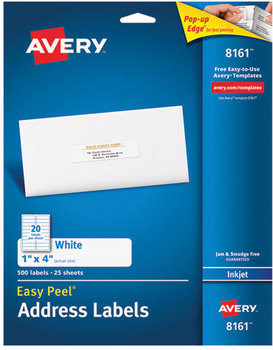 Avery® Easy Peel® White Address Labels with Sure Feed® Technology w/ Inkjet Printers, 1 x 4, 20/Sheet, 25 Sheets/Pack