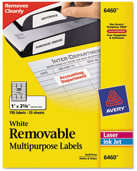 Avery® Removable Multi-Use Labels Inkjet/Laser Printers, 1 x 2.63, White, 30/Sheet, 25 Sheets/Pack