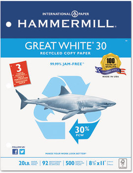 Hammermill® Great White® 30 Recycled Copy Paper,  92 Brightness, 20lb, Letter, 5000/Ctn