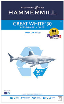 Hammermill® Great White® 30 Recycled Copy Paper,  92 Brightness, 20lb, 8-1/2 x 14, 500 Shts/Ream