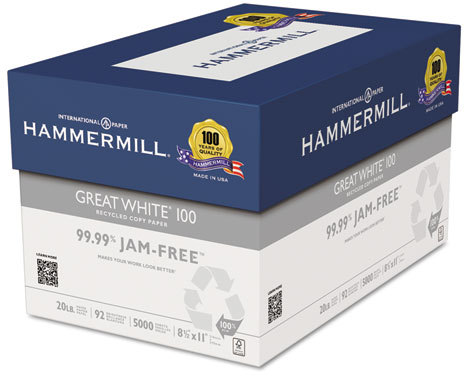 Hammermill Great White 100 Recycled Copy Paper 20lb 8-1/2 x 11 White