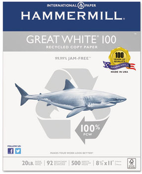 Hammermill® Great White® 100 Recycled Copy Paper,  20lb, 8-1/2 x 11, White, 5,000 Sheet/Carton