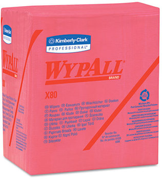 WypAll* X80 Wipers,  1/4-Fold, HYDROKNIT, 12 1/2 x 13, Red, 50/Box, 4 Boxes/Carton