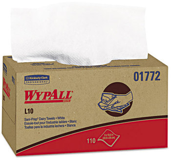 WypAll* L10 SANI-PREP* Dairy Towels,  10 1/2 x 10 1/4, White, 110/Pack, 18 Packs/Carton