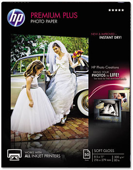 HP Premium Plus Photo Paper,  80 lbs., Soft-Gloss, 8-1/2 x 11, 50 Sheets/Pack