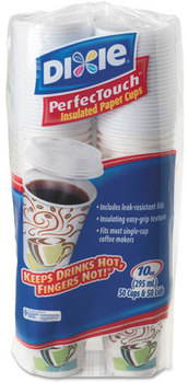 Dixie® PerfecTouch® Insulated Paper Hot Cups & Lids Combo. 10 oz. Coffee Haze Design. 50 cups and 50 lids/pack, 6/packs per carton.
