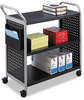 A Picture of product SAF-5339BL Safco® Scoot™ Three Shelf Utility Cart Metal, 3 Shelves, 1 Bin, 300 lb Capacity, 31" x 18" 38", Black/Silver