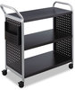 A Picture of product SAF-5339BL Safco® Scoot™ Three Shelf Utility Cart Metal, 3 Shelves, 1 Bin, 300 lb Capacity, 31" x 18" 38", Black/Silver