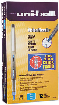 uni-ball® VISION Needle™ Stick Roller Ball Pen,  Blue Ink, Fine, Dozen