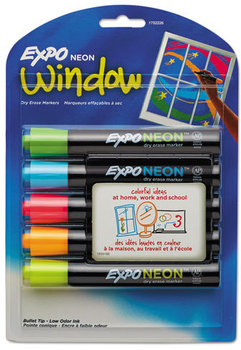 EXPO® Neon Windows Dry Erase Marker,  Bullet Tip, Assorted, 5/Set