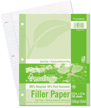 Pacon® Ecology® Filler Paper,  8-1/2 x 11, College Ruled, 3-Hole Punch, WE, 150 Sheets/PK