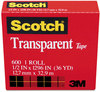 A Picture of product MMM-600121296 Scotch® Transparent Tape 1" Core, 0.5" x 36 yds,