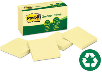 Post-it® Greener Notes Original Recycled Note Pads 3" x Canary Yellow, 100 Sheets/Pad, 12 Pads/Pack