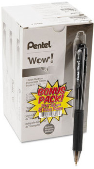 Pentel® WOW!™ Retractable Ballpoint Pen,  1mm, Black Barrel, Black Ink, 36/Pack