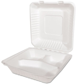 SCT® ChampWare™ Molded-Fiber Clamshell Containers,  3-Comp, 9w x 9d x 3h, White, 200/Carton.  Compostable.