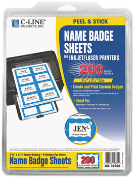 C-Line® Laser Printer Name Badges,  3 3/8 x 2 1/3, White/Blue, 200/Box