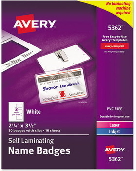 Avery® Self-Laminating Name Badges with Clips Laser/Inkjet Printer 2.25 x 3.5, White, 30/Box