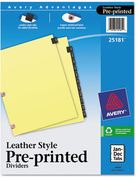 Avery® Preprinted Black Leather Tab Dividers with Copper Reinforced Holes w/Copper 12-Tab, Jan. to Dec., 11 x 8.5, Buff, 1 Set