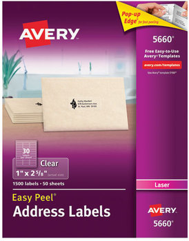 Avery® Matte Clear Easy Peel® Mailing Labels with Sure Feed® Technology w/ Laser Printers, 1 x 2.63, 30/Sheet, 50 Sheets/Box