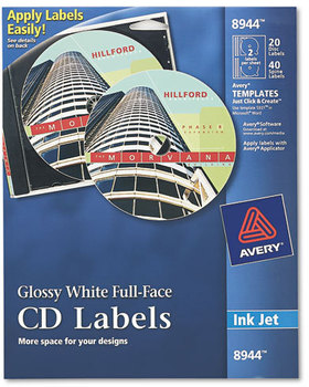 Avery® Inkjet Full Face CD Labels Full-Face Glossy White, 20/Pack