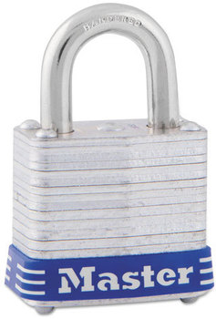Master Lock® 4-Pin Tumbler Lock,  Laminated Steel Body, 1 1/8" Wide, Silver/Blue, Two Keys