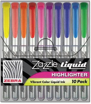 Zebra Zazzle® Liquid Ink Highlighters,  Chisel Tip, Asst Colors, 10/Set