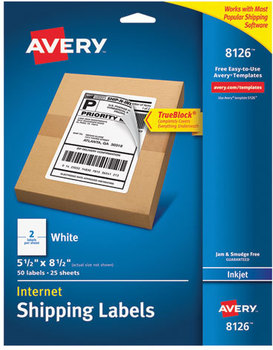 Avery® Shipping Labels with TrueBlock® Technology w/ Inkjet Printers, 5.5 x 8.5, White, 2/Sheet, 25 Sheets/Pack