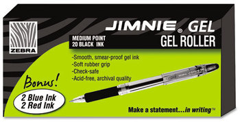 Zebra Jimnie® Gel Stick Roller Ball Pen,  Black Ink, Medium, 24/Box
