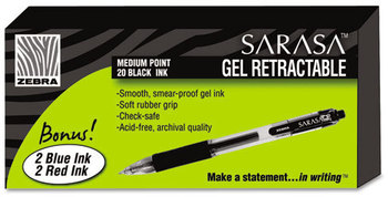 Zebra Sarasa® Gel Retractable Pen,  Black Ink, Medium, 24/Pack