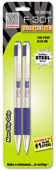 Zebra F-301® Retractable Ballpoint Pen,  Blue In, Fine, 2/Pack