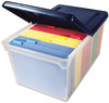 A Picture of product AVT-55797 Innovative Storage Designs Extra-Capacity 28" File Tote,  Letter, Plastic, Clear/Navy