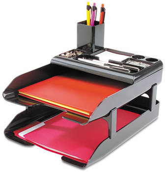 deflecto® Corporate Desk Tray Set,  Two Tier, Plastic, Metallic Black