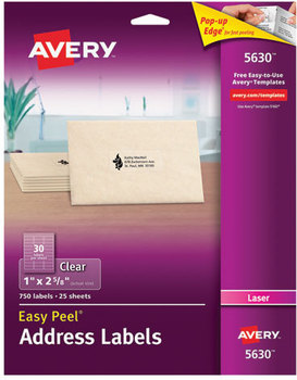 Avery® Matte Clear Easy Peel® Mailing Labels with Sure Feed® Technology w/ Laser Printers, 1 x 2.63, 30/Sheet, 25 Sheets/Box