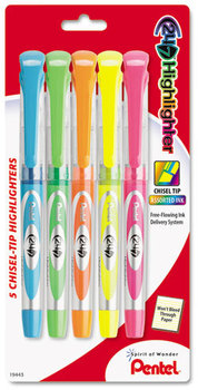 Pentel® 24/7™ Highlighters,  Chisel Tip, Blue/Green/Orange/Pink/Yellow Ink, 5/Set