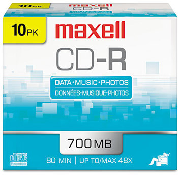 Maxell® CD-R Recordable Disc,  700MB/80min, 48x, w/Slim Jewel Cases, Silver, 10/Pack
