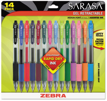 Zebra Sarasa® Gel Retractable Pen,  Assorted Ink, Medium, 14/Pack