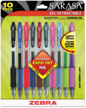 Zebra Sarasa® Gel Retractable Pen,  Assorted Ink, Medium, 10/Pack