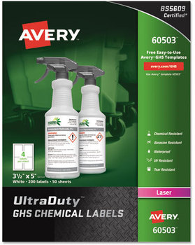 Avery® UltraDuty® GHS Chemical Waterproof & UV Resistant Labels and 3.5 x 5, White, 4/Sheet, 50 Sheets/Box