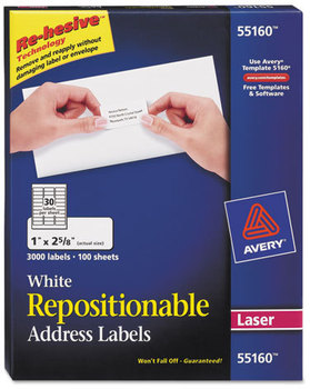 Avery® Repositionable Labels with Sure Feed® Technology Address w/SureFeed, Laser, 1 x 2.63, White, 3000/Box