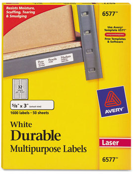 Avery® Durable Permanent ID Labels with TrueBlock® Technology Laser Printers, 0.63 x 3, White, 32/Sheet, 50 Sheets/Pack